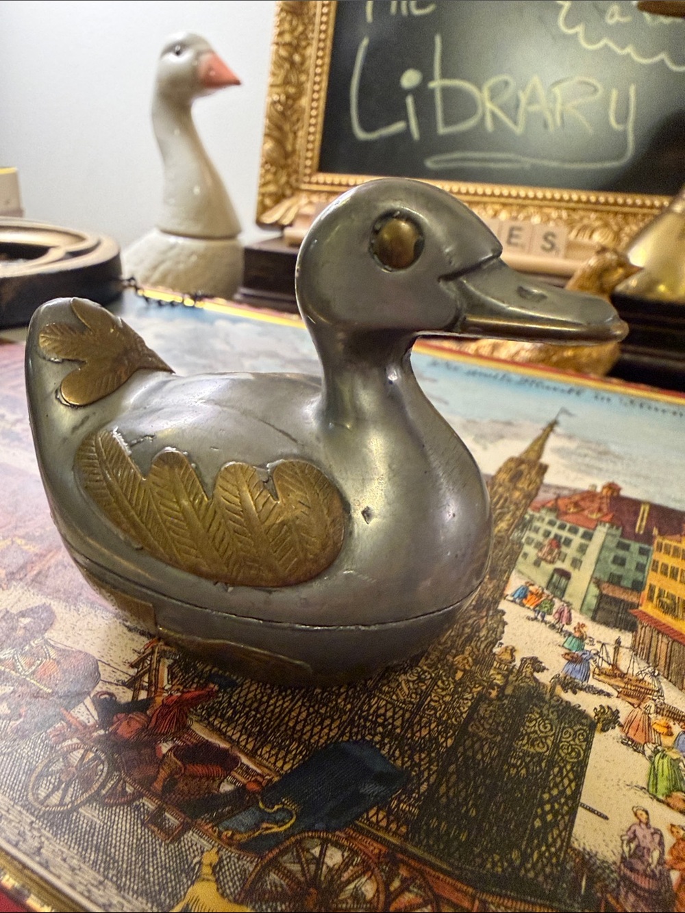 Vintage Metal Duck Match Box - Gold Accents